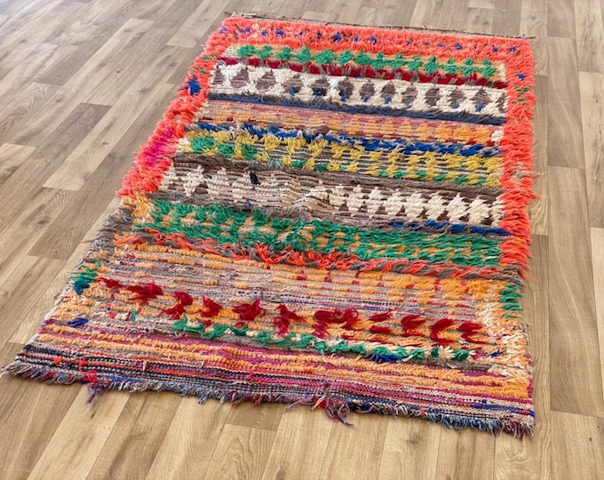 Vintage Carpet Gorgeous Rug Geometric Design Boucherouite Hallway Multicolor 6.'5x3'3'FT