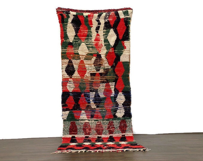 Handmade Vintage Moroccan Rug -3'4x9'ft–Boucherouite Azilal Berber Carpet – Colorful Wool Area Rug– Boho Home Decor–One of a Kind Tribal Rug