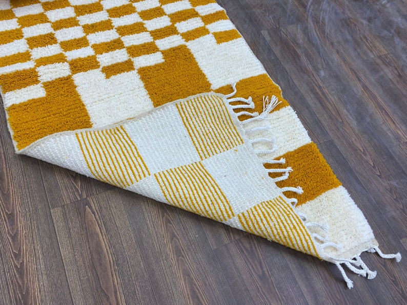 Boho Check Rug Beni Ourain Handwoven Yellow Hallway Teppich Area Wool Shaggy Carpet Checkerboard image 7