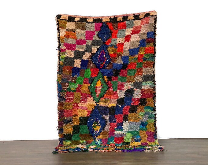 Handmade Vintage Moroccan Rug – 4x6'6 ft- Boucherouite Azilal Berber Carpet – Checkered Area Rug – Boho Home Decor–One of a Kind Tribal Rug