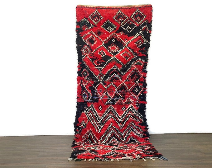 Authentic Cherouite Rug,Handmade Vintage Entryway, Shag Red Runner, Berber Bedroom Rug,Vintage Rug 3x9 ft,Red Rug