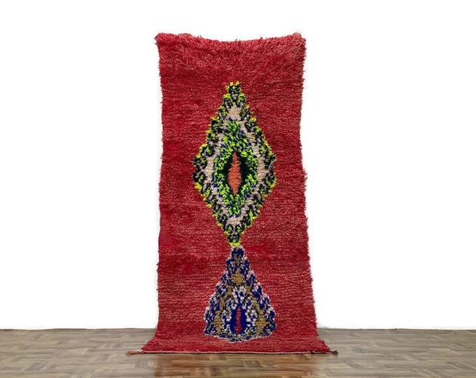 Red Wool Rug ,3'x8'6 ft,Handmade Berber Boho Carpet, Handwoven Beni Ourain Wool Rug Tribal Berber Carpet