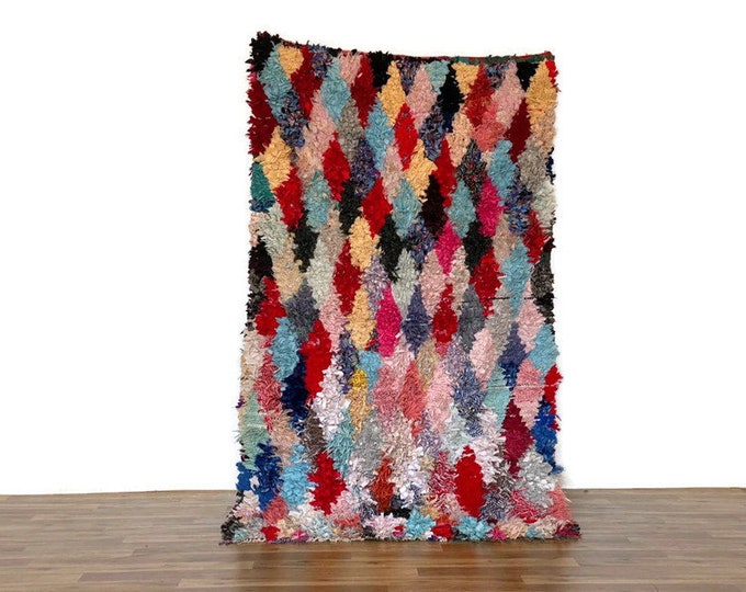 Diamond  Rug Pattern Design Handmade Hallway Vintage Carpet 6'5'x3'9' FT Shaggy Runner Boucherouite