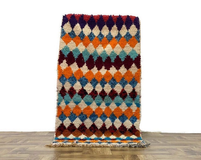 Moroccan Rug Diamond Pattern  Handwoven 4'FTx2'FT Vintage Hallway ''  Berber Runner Wool