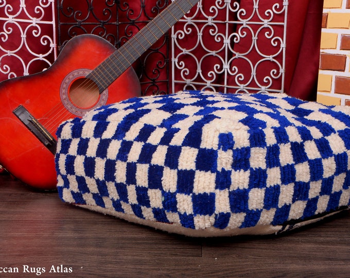 Bohemian Moroccan Pouf Ottoman Pouffe Coffee Table Beanbag Footstoo Pouf Pillow Handmade Blue & White