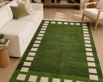 Handmade Green Moroccan Rug ,Green Olive Berber Area Rug, Plush Wool Pile Carpet, Modern Boho Living Room Rug, Custom Size Available