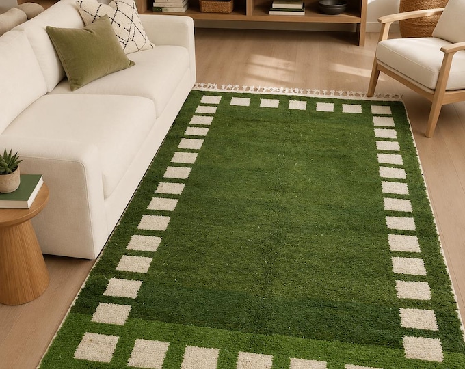Handmade Green Moroccan Rug ,Green Olive Berber Area Rug, Plush Wool Pile Carpet, Modern Boho Living Room Rug, Custom Size Available