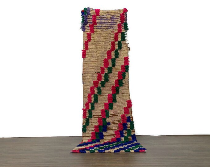 Checkered Runner Vintage Carpet Bohemian Rug Shaggy Hallway Handmade Boucherouite (102x26 inch)