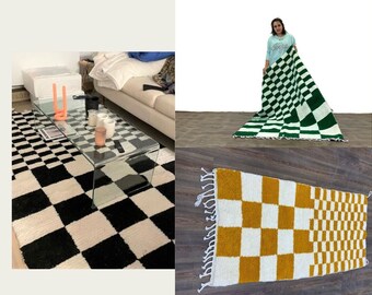 Modern Checkered Moroccan Rug, Handmade Wool Rug, Custom Area Rug, Checkerboard Carpet