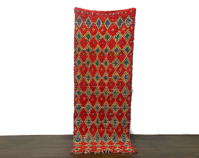 Vintage Red Boucherouite Rug – Berber Moroccan checked  Style Carpet – Colorful Thread Art – 2.7 x 8 ft Handmade Tribal Runner