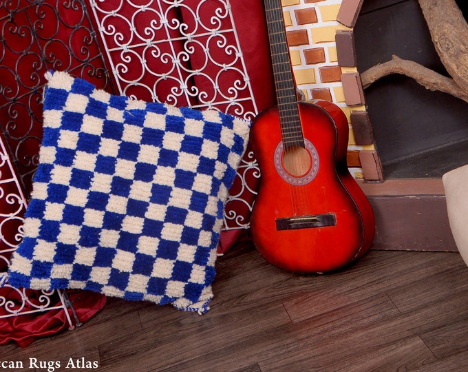 Lovely Checkred  Pillows Handmade Cushion Wool  Cover Boho Pillows Blue & White  Size 23x23 inch
