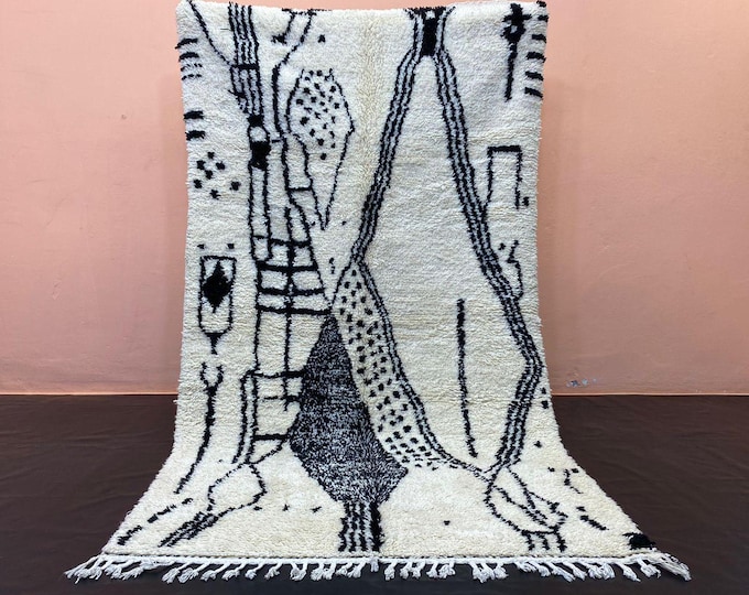 Moroccan Woolen Carpet Fluffy Shaggy Area Rug Ethnic Design  Black And White Carpet Beni Mrirt Rug Stylish Floor Decor Kitchen Carpet