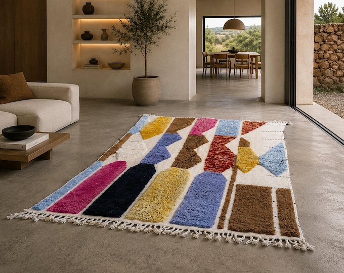Handwoven Beni Mrirt Wool Rug, Moroccan Kilim Style, Pink Multicolor Interior Decor