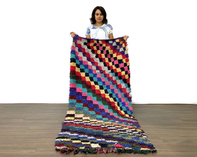 Colorful Checker Area Rug ,Living Room Rug,Berber Narrow Runner,Ethnic Kilim Rug,Matdoor Rug
