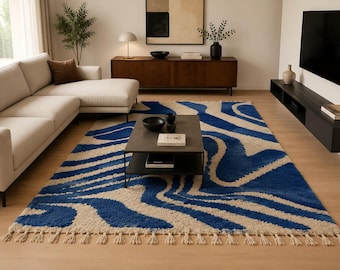 Blue Moroccan Rug, Handmade Wool Berber Carpet, Modern Abstract Area Rug, Geometric Moroccan Decor, Boho Living Room Rug