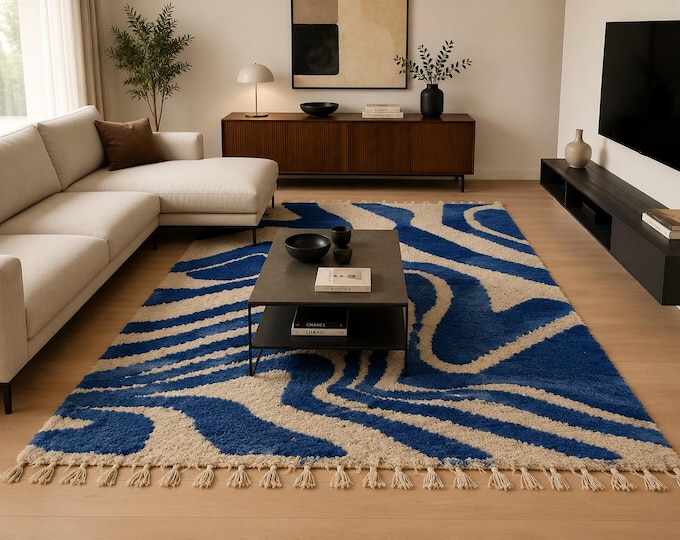 Blue Moroccan Rug, Handmade Wool Berber Carpet, Modern Abstract Area Rug, Geometric Moroccan Decor, Boho Living Room Rug
