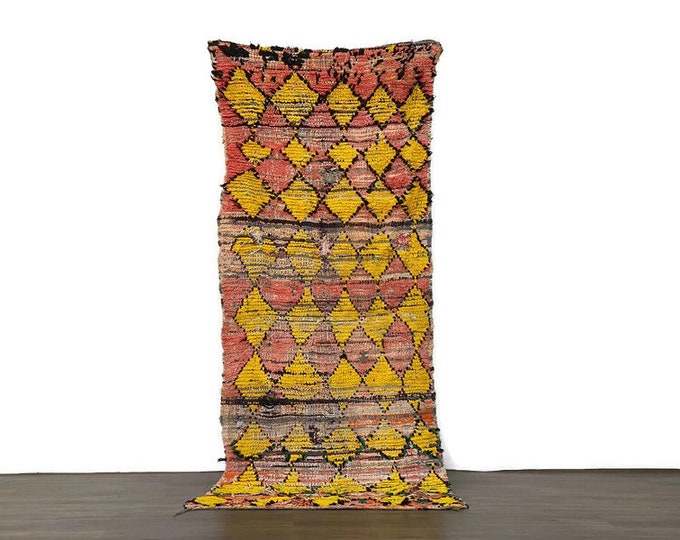 Colorful Boucherouite Rug ,Handmade Moroccan Vintage Rug,Unique Wool Carpet,2'7x3' ft,XCheck Yellow Rug