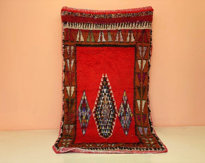 Red Rug,Moroccan Rag Rug Boucherouite Handmade Colorful Rug Boho Chic Decor Berber Abstract Area Rug 4'x9'ft