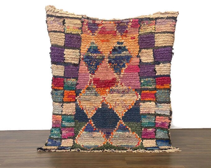 Smal Square Rug,Colorful Checkered Rug,Vintage Area Rug,Entryway Kilim Shag Rug,Solid Check Area Rug,4x4.5 ft