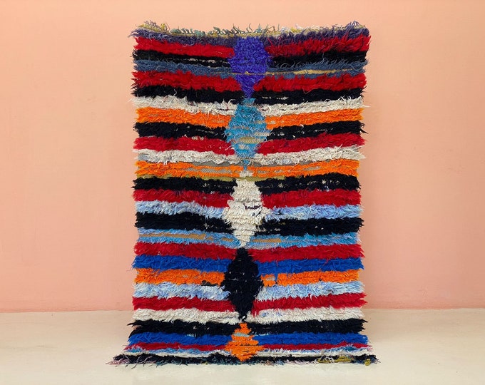 Natural Striped Rug Blue Kilim Rug Handmade Moroccan Runner Area Berber Carpet 3x5.7 ft