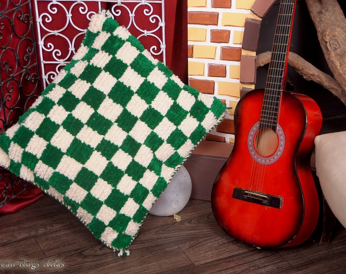 Gorgeou Pillows Handmade Cushion Checkred Cover Boho Pillows Green & White  Size 23x23 inch