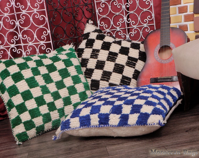 Checkred Pillows Handmade Cushion Wool Cover Boho Pillows Moroccan Cushion Size 23x23 inch