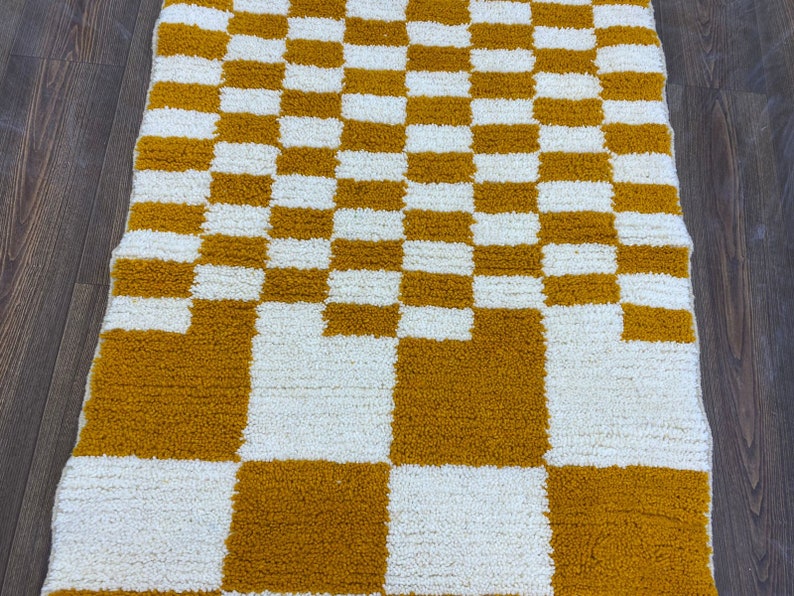 Boho Check Rug Beni Ourain Handwoven Yellow Hallway Teppich Area Wool Shaggy Carpet Checkerboard image 4