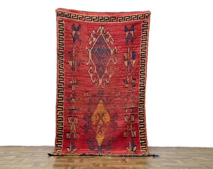 Artisan Handwoven Rug ,Boucherouite & Beni Ourain Styles, Decorative Floor Rug 3'6x7' ft ,Shaggy Area Runner ,Berber Red Rug