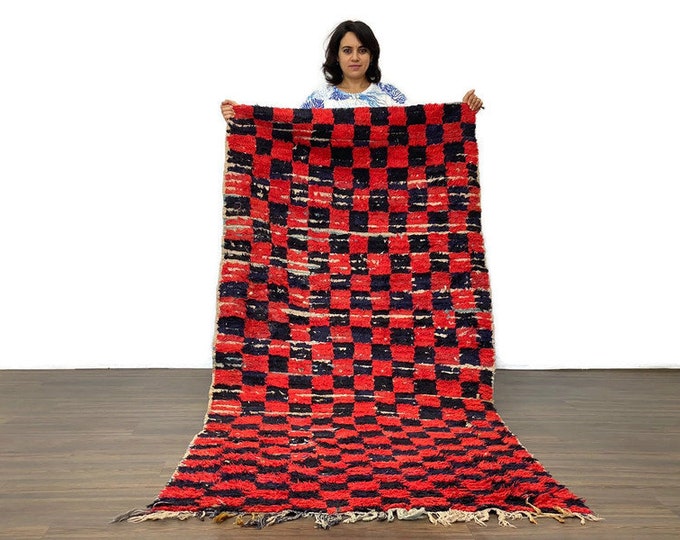 Narrow Moroccan Runner Rug,Checkered Berber Rug,Nustic Floor Runner,Checkeboard Rug,Black And Red Area Rug 3x5 ft