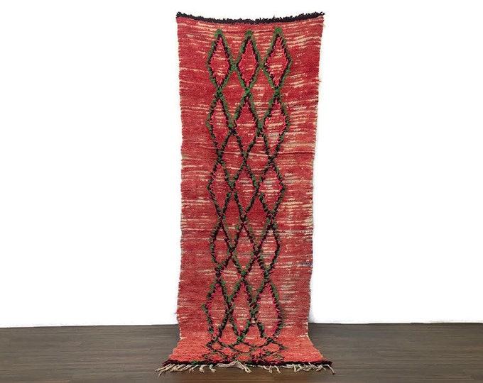 Vintage Moroccan Runner Rug 2.7x f8.5 ft – RED Hallway Carpet – Handmade Boho Berber Rug – Narrow Tribal Area Rug