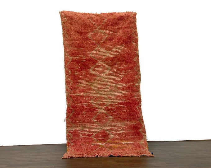 Handmade Vintage Moroccan Rug–Boucherouite Azilal Berber Carpet– Red  Wool Area Rug – Boho Home Decor–One of a Kind Tribal Rug,3x6.8 ft