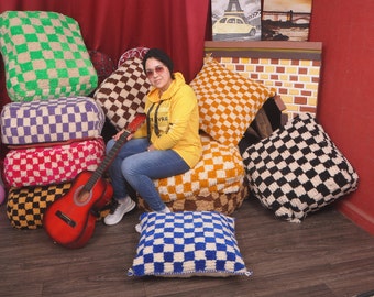 Moroccan Checkered Pouf Square Checker Pouf, Checked Pouf Berber Floor Cushion Pouf Ottoman Bohemian Pouf