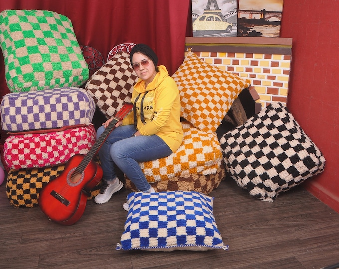 Moroccan Checkered Pouf Square Checker Pouf, Checked Pouf Berber Floor Cushion Pouf Ottoman Bohemian Pouf