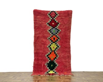 3'x 7'ft, rood wollen vloerkleed handgemaakt berber boho tapijt, handgeweven Beni Ourain-wollen vloerkleed Tribal berbertapijt