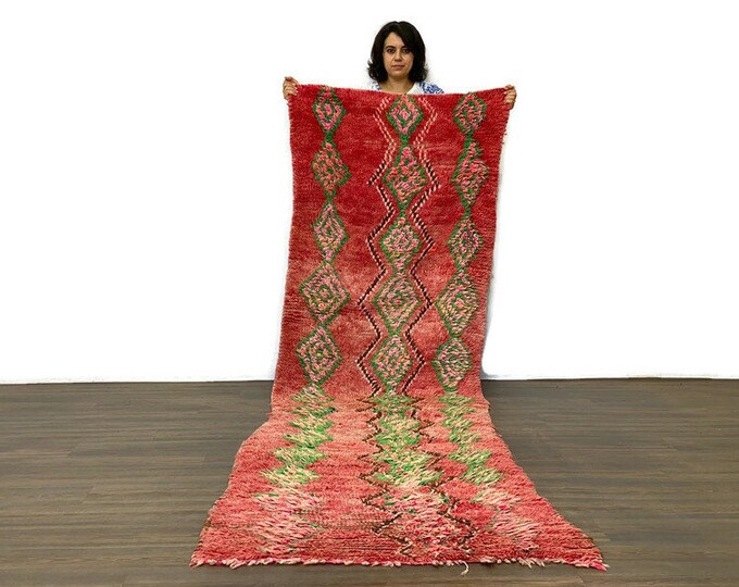 Long Runner, Vintage Moroccan Boujaad Rug 3 x 11 ft – Handmade Wool Runner – Boho Tribal Berber Carpet – Red Colorful Area Rug