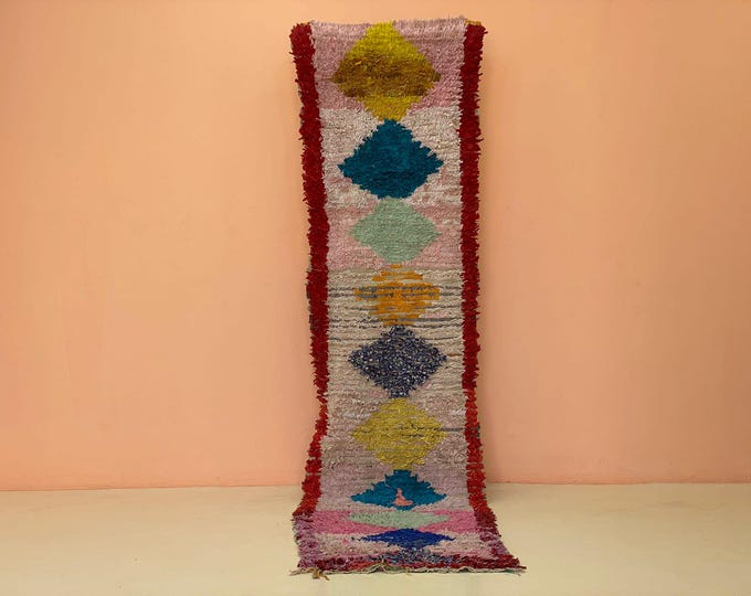 2'x9' ft,Pink Vintage Boucherouite Rug, Handmade Wool Berber Carpet, Multicolor Tribal Kilim Home Decor,Long Runner