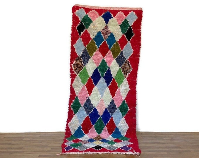 Authentic Rug Diamond Pattern  Berber Runner Boucherouite Carpet Handmade Hallway Colorful  255x97 cm
