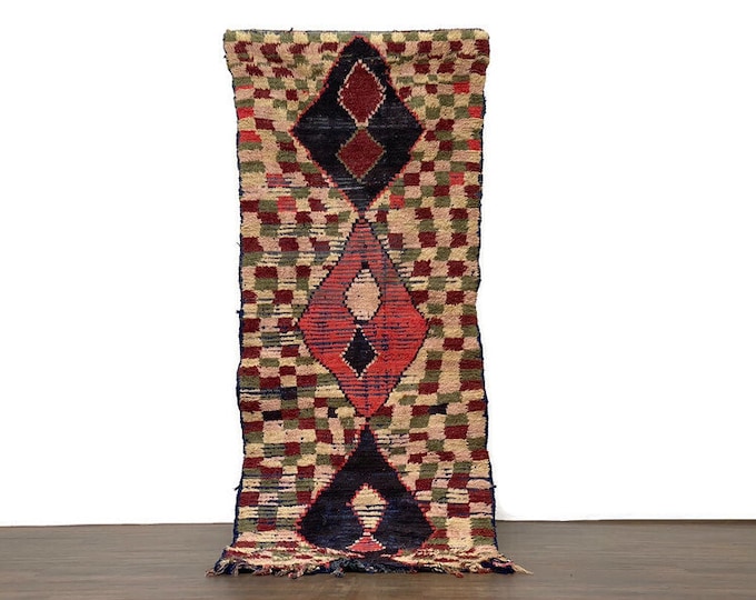 3'x8'ft,Handwoven Berber Wool Rug,Authentic Tribal Carpet,Beni Ourain Decor,Boho Wool Area Rug,Checkered Rug