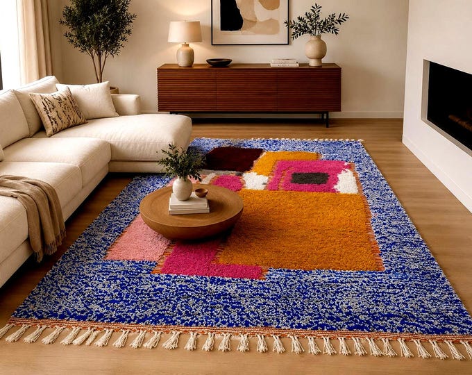 Handmade Blue Wool Moroccan Rug, Beni Ourain Shag Carpet