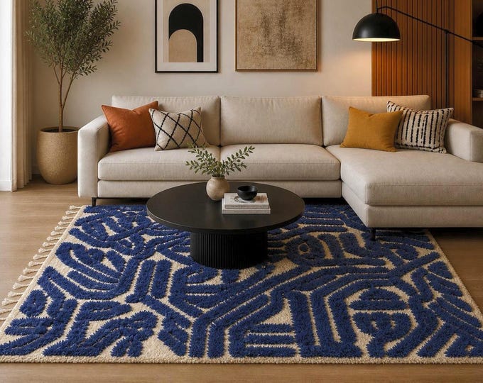 Blue Moroccan Rug,Handmade Wool Berber Rug: Abstract Tufted Moroccan Carpet