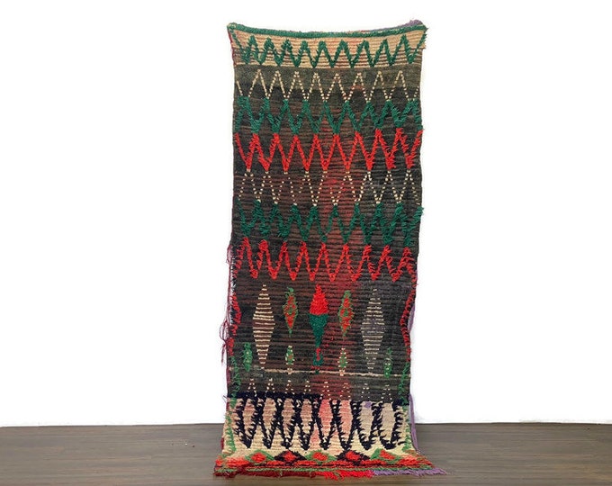 Vintage Moroccan Boujaad Rug 3x8 ft – Handmade Wool Runner – Boho Tribal Berber Carpet – Green Colorful Area Rug