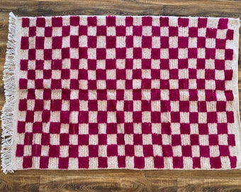 Benutzerdefinierte Schachbrett Teppich Handgefertigter Teppich Neutral Boho Minimalist Home Decor Teppich Rosa & Weiß