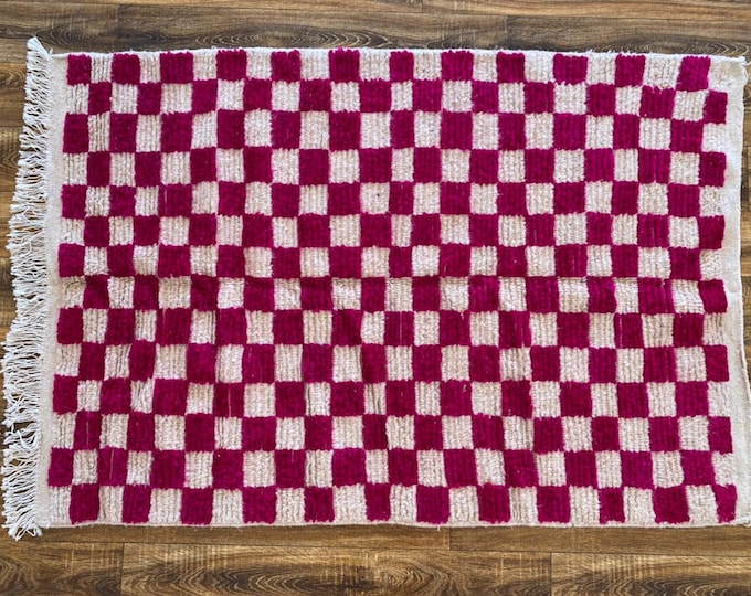 Gorgeous Carpet Handmade  Hallway  Teppich Area " Wool " Shaggy  Carpet Checkerboard Runner  Pink & White