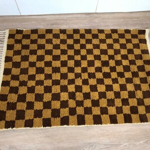 Handmade Moroccan Brown Checkerboard Rug: Wool Cotton Blend, Boho Area Carpet