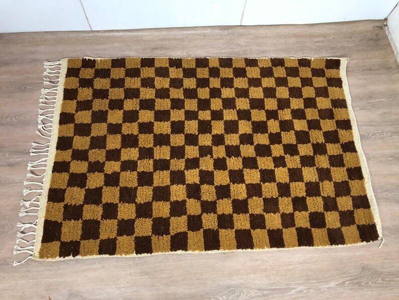 Handmade Moroccan Brown Checkerboard Rug: Wool Cotton Blend, Boho Area Carpet