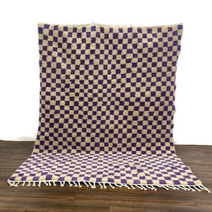 Bohemian Checkered Rug Handmade Carpet Moroccan Hallway Teppich Area Wool Shaggy Carpet Checkerboard Runner Purple & White
