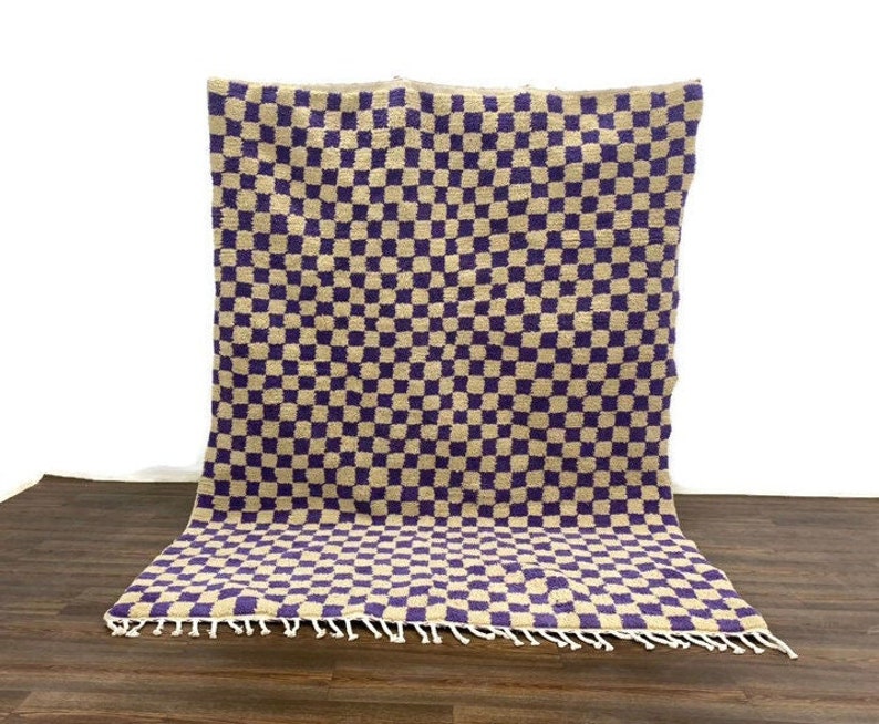 Bohemian Checkered Rug Handmade Carpet Moroccan Hallway Teppich Area Wool Shaggy Carpet Checkerboard Runner Purple & White