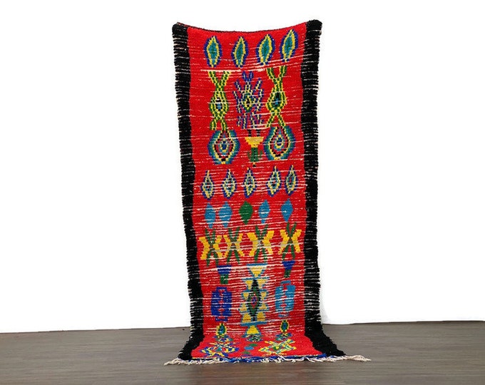 Handcrafted Wool Rug ,3'x10' ft,Multicolor Boucherouite Style, Bohemian Floor Decor,Red Rug