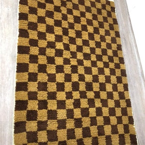 Handmade Moroccan Brown Checkerboard Rug: Wool Cotton Blend, Boho Area Carpetl.