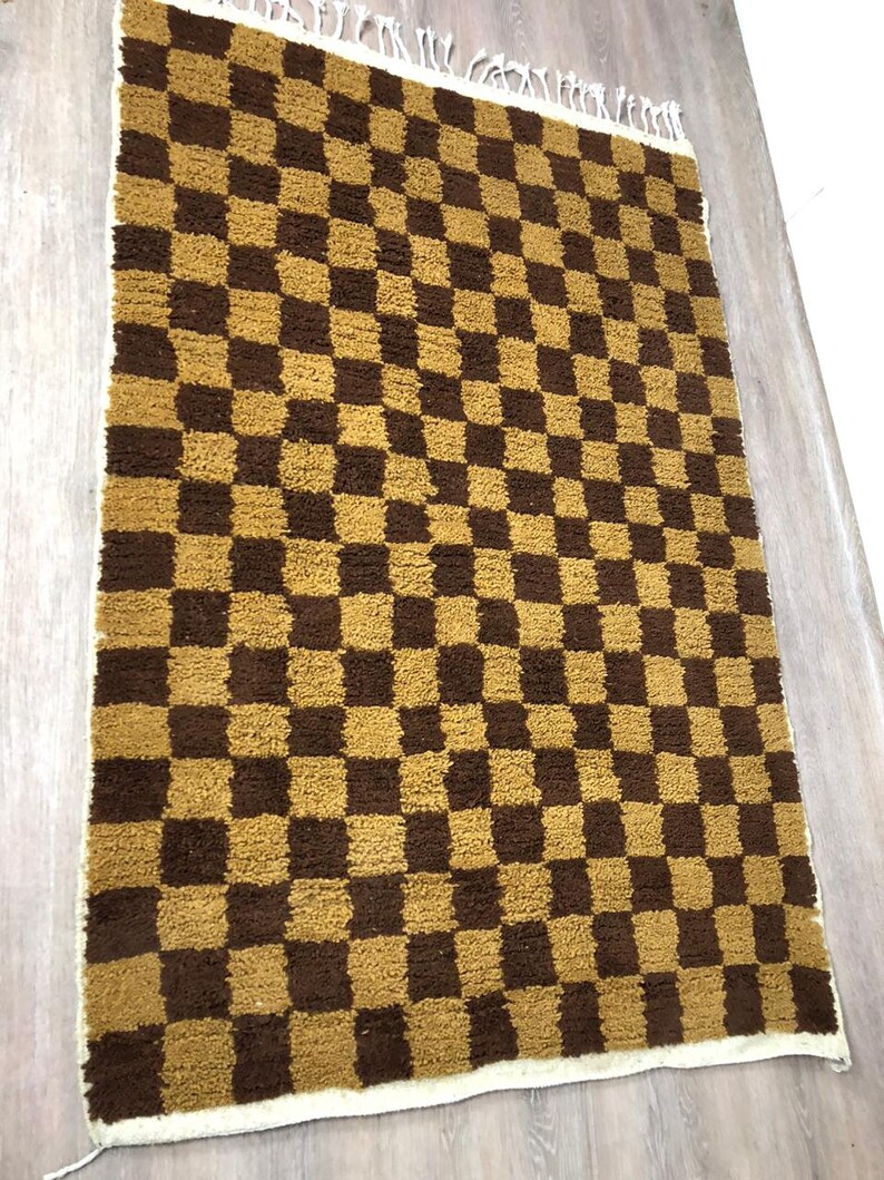Handmade Moroccan Brown Checkerboard Rug: Wool Cotton Blend, Boho Area Carpetl.